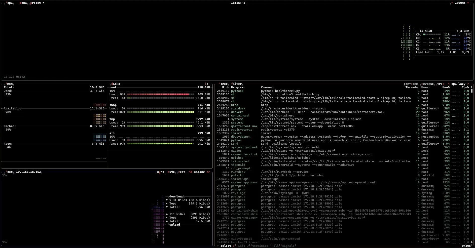 btop terminal on my home server showing CPU and memory usage under load
